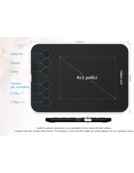 XP-Pen Deco Mini 4 Tavoletta Grafica (4" x 3") 6 tasti (Windows, Mac, Android, Chrome OS)
