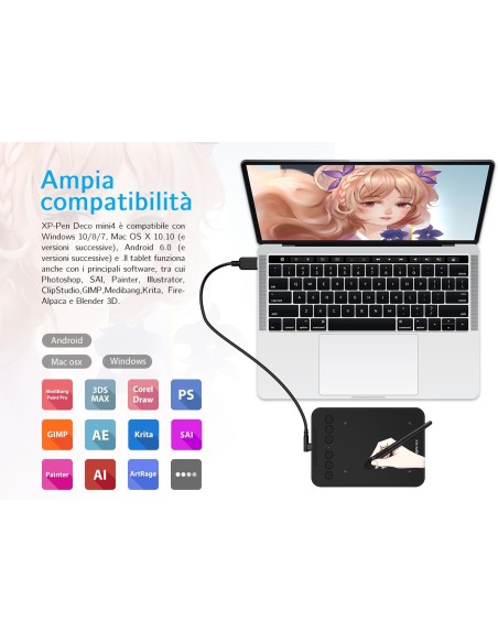 XP-Pen Deco Mini 4 Tavoletta Grafica (4" x 3") 6 tasti (Windows, Mac, Android, Chrome OS)